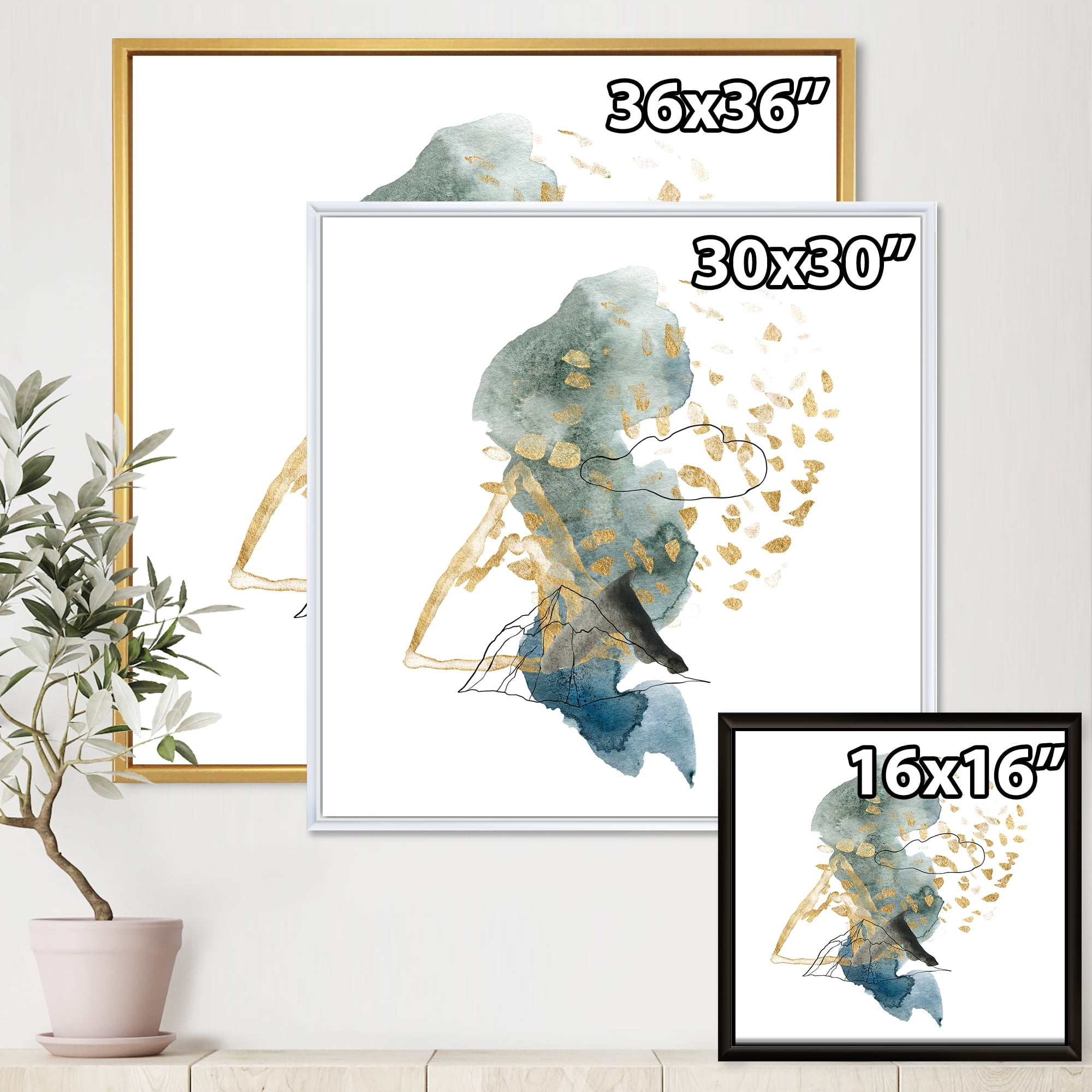 Gold Strokes and Landscape of Dark Blue Mountains I 36 in x 36 in Framed Painting Canvas Art Print, by Designart