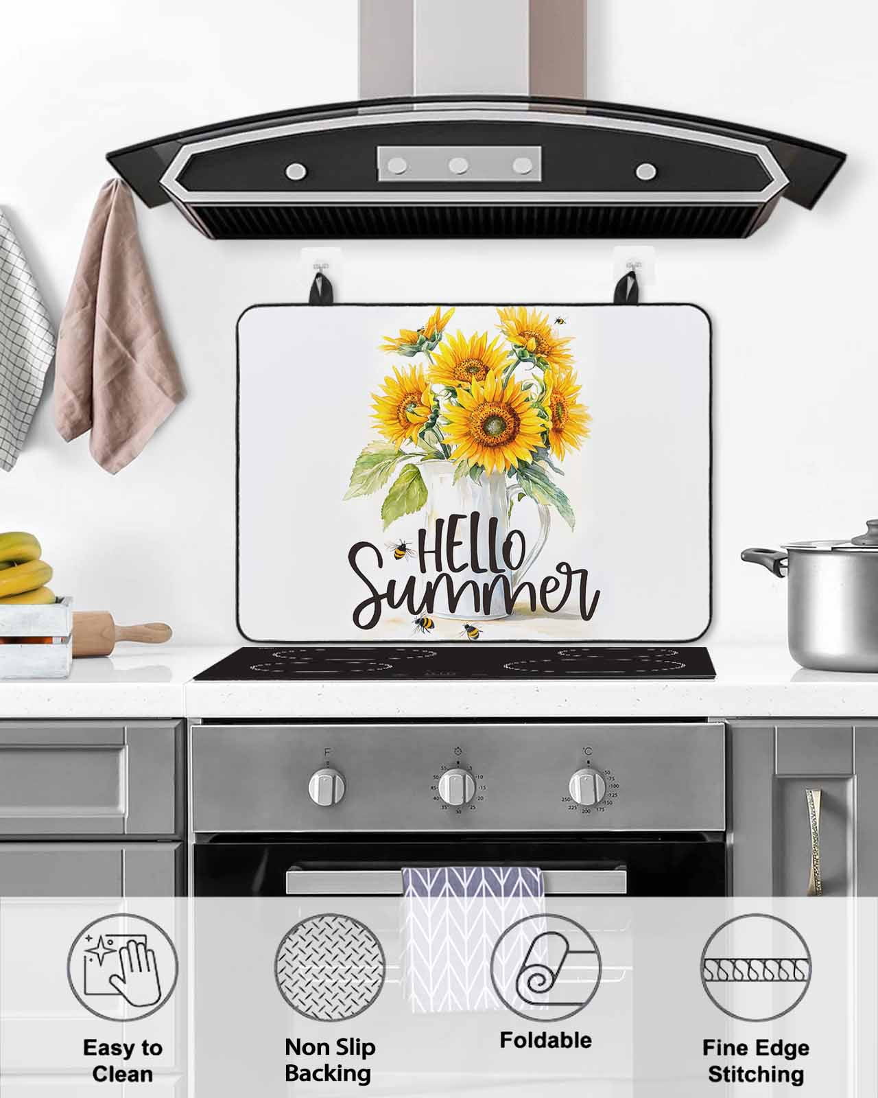 nqOlkjepod Large Induction Cooktop Protector Mat 31"x24", Summer Sunflower Stove Top Covers for Electric Stove, Watercolor Yellow Floral White Bottle Stove Burner Cover Mats, Glass Top Stove Cover