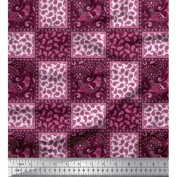 Soimoi Silk Fabric Peacock,Check & Paisley Patchwork Print Fabric by Yard 42 Inch Wide