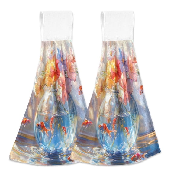 BZSMCE Hanging Hand Towels Fashion Aquatic Blossom Harmony Pattern 2-Pack - Velcro Style Bathroom Kitchen Towels