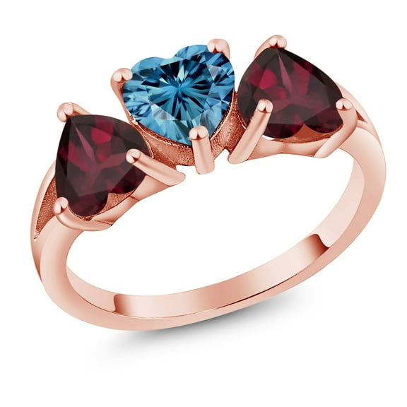 Gem Stone King 18K Rose Gold Plated Silver 3-Stone Ring Heart Shape Persian Blue Moissanite and Rhodolite Garnet Red (2.24 Cttw, Size 9)