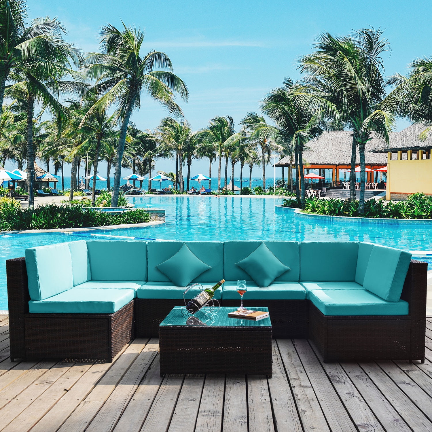 Kepooman 7-Piece Patio PE Rattan Sectional Sofa Set, Blue Kepooman 7-Piece Patio PE Rattan Sectional Sofa Set, Blue