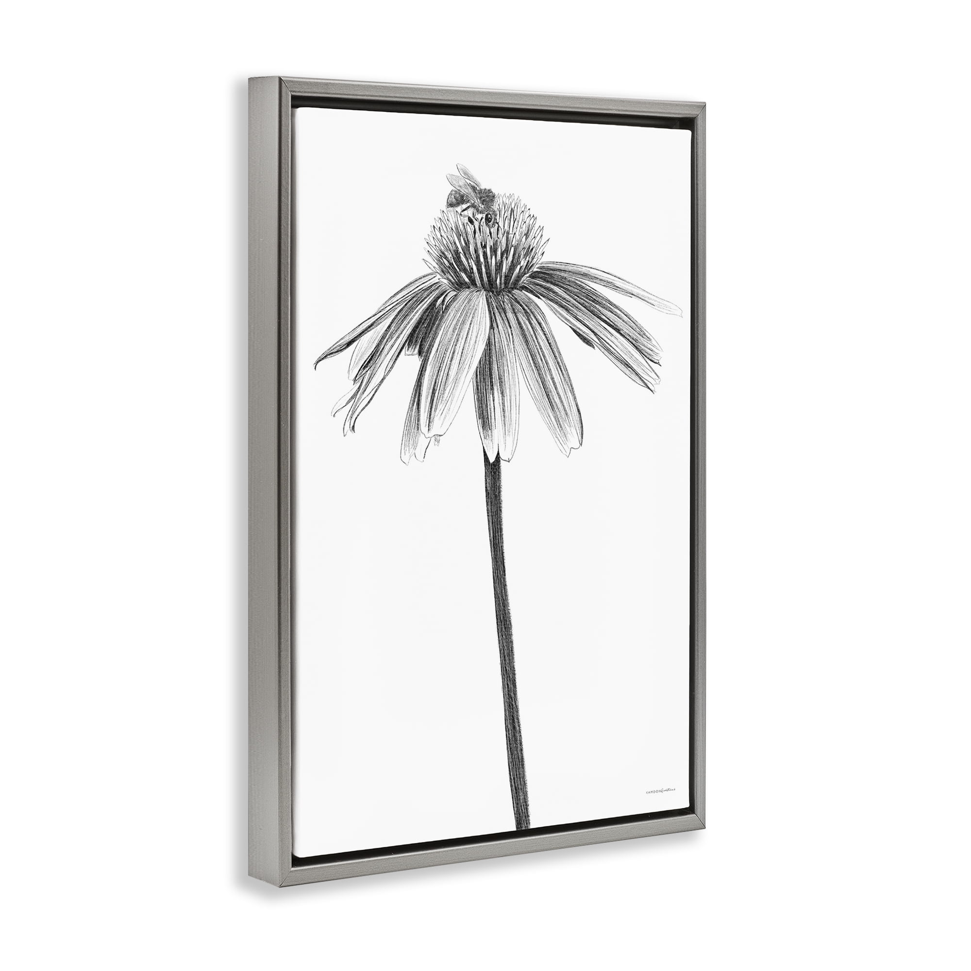 Stupell Industries Simple Daisy Sprig Botanical & Floral Drawing Gray Floater Framed Art Print Wall Art, 17 x 25
