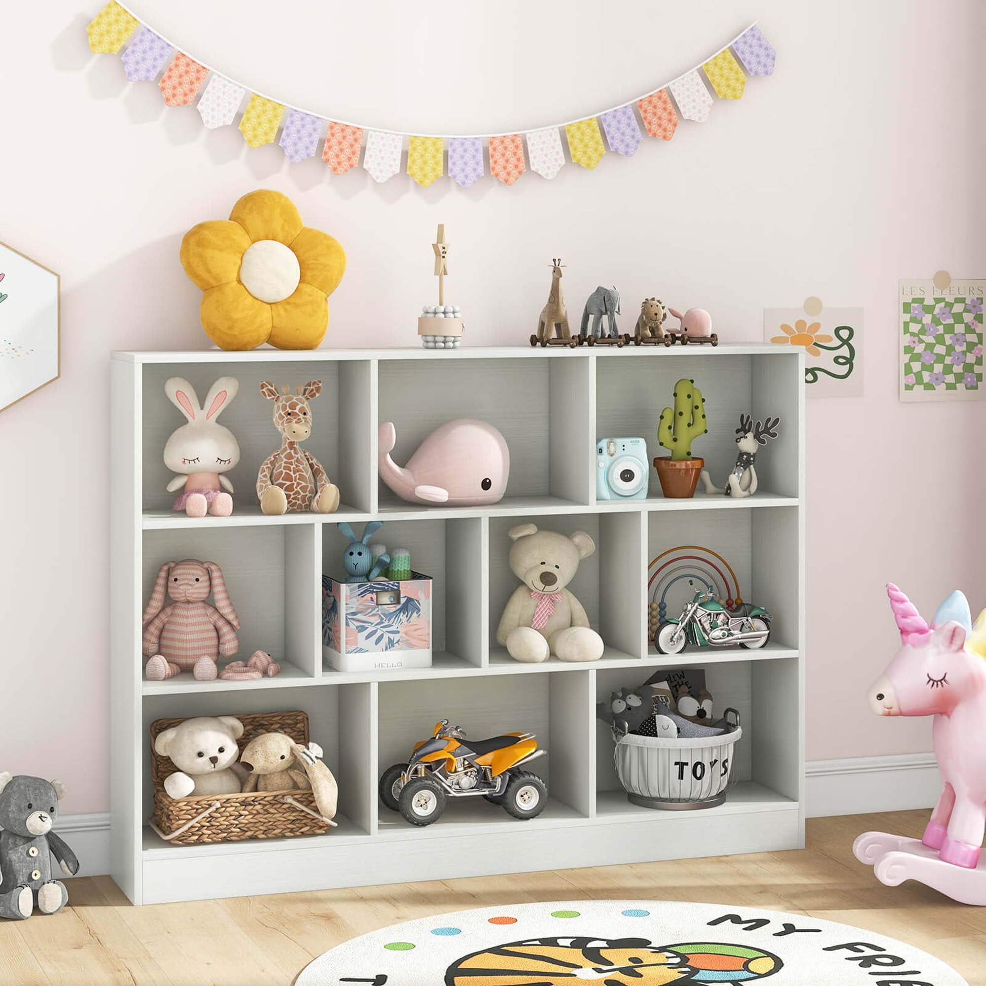 Costway 10-Cube Bookcase 41" Wooden Toy Storage Organizer for Kids Bookshelf White