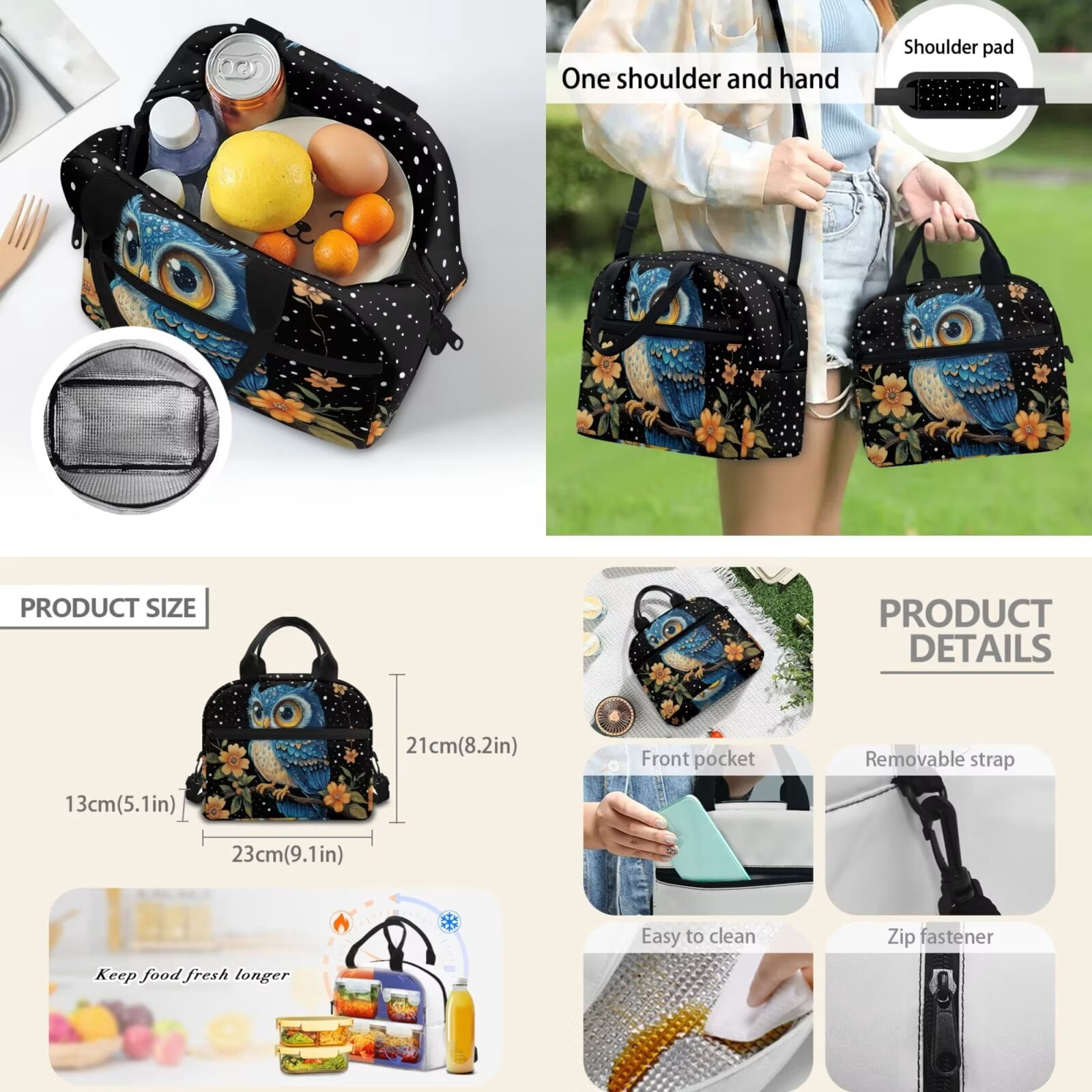 Pzuqiu Owl Print Back Pack for School Girls Set of 4 17 Inch Kids Backpack Lunch Bag with Pencil Box 2pcs Bookmark, Travel Rucksack Camping School Bag for Teens Christmas Gifts