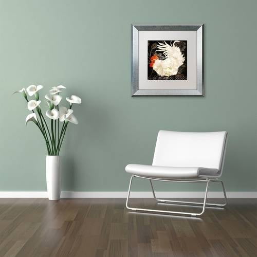 Trademark Fine Art "Rooster Damask I" Canvas Art by Color Bakery White Matte, Silver Frame