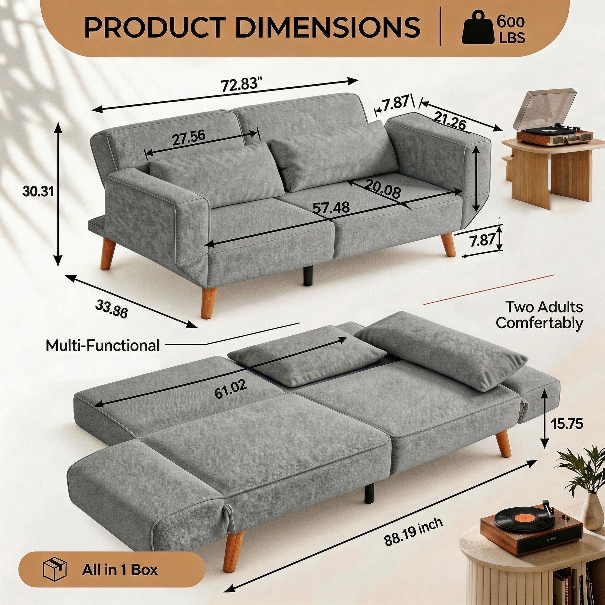 CARZZI LIFE Futon Sofa Bed, Sleeper Sofa, Small Velvet Couch with 5 Adjustable Armrests 3 Splitback Settings 600 LBS Capacity Easy Assembly for Living Rooms Apartments Guest Rooms, Grey