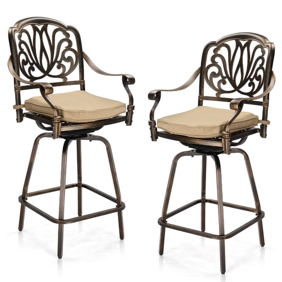 2Pcs Cast Aluminum Swivel Bar Stools, Elizabeth Hollow Floral Patio Bar Height Chairs, Weatherproof Outdoor Counter Chairs with Armrest & Beige Cushion
