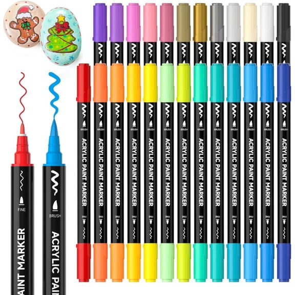 Shuttle Art 25 Colors Dual Tip Acrylic Paint Markers, Brush Tip and Fine Tip Acrylic Paint Pens for Rock, Ceramic, Wood, Canvas, Plastic, Glass, Stone, Calligraphy, Card Making, Crafts & Nail Art