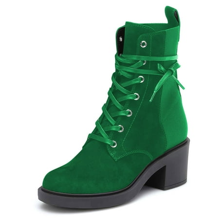 YDN Women s Closed Round Toe Lace Up Combat Booties Chunky Block Low Heel Ankle Boots Winter Date Party Shoes Size 10 Green