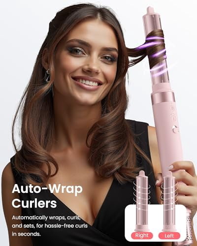 5 in 1 High-Speed Hair Dryer, Hot Air Styler Wrap, Volumizing Brush with Auto Curlers, Fast Drying & Frizz-Free Styling, Straightening, No Heat Damage, Includes Travel Bag - Pink