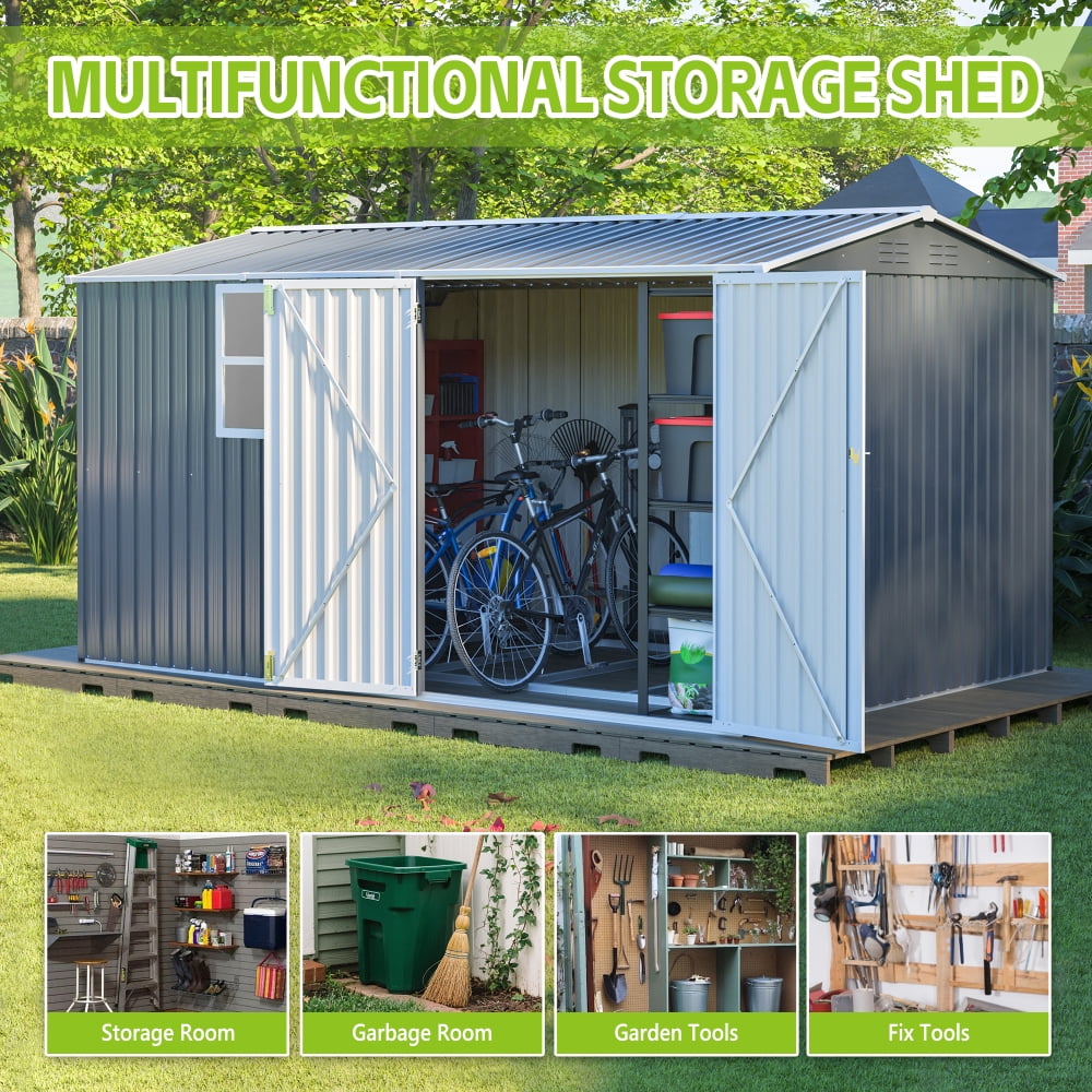 8x12 FT Steel Storage Shed, With Floor frame，Hinged Gray Doors & 4 Ventilation Openings with Window for Patio & Garden Use