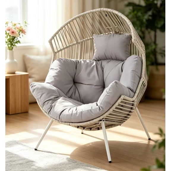 Walsunny Egg Chairs Outdoor Patio Wicker Oversized Egg Shell Lounger Lawn Chair with Cushion for Indoor Outside Porch Balcony Backyard,White Rattan Gray Cushion
