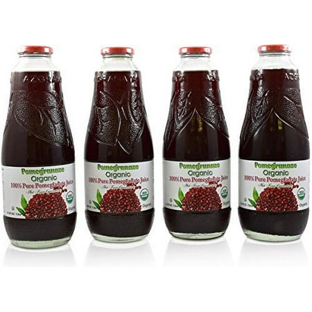 100% Organic Pomegranate Juice - 4 Pack - 33.8 fl oz - USDA Certified - Glass Bottle - No Sugar Added - No Preservatives - Squeezed From Fresh Pomegranates
