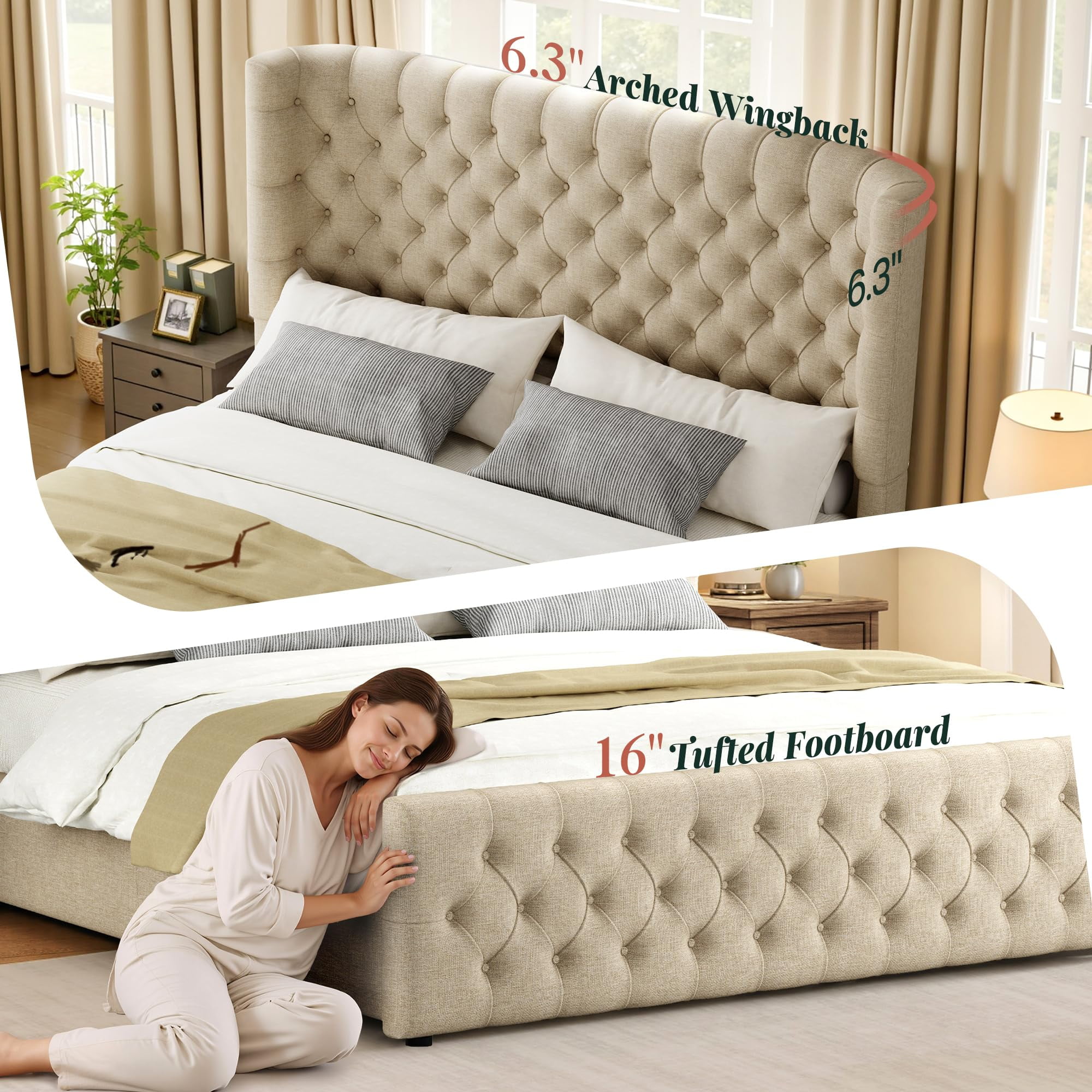 Amerlife Queen Bed Frame with 49” Upholstered Wingback Headboard, Noise-Free Platform Bed with Steel Frame and Slip-Resistant Edges, Khaki