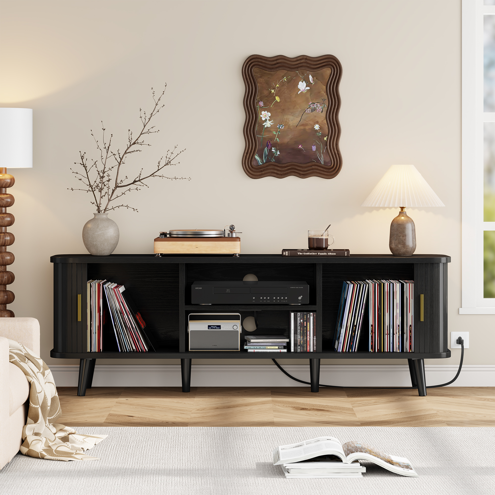 Laintene 59" TV Stand with Power Outlet for TVs up to 65 Inch, Entertainment Center with Storage and Adjustable Shelves, Modern Media Console with Sliding Doors for Living Room, Black