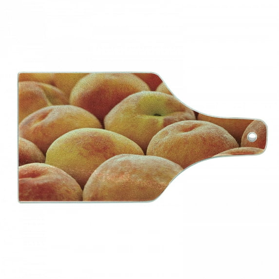 Peach Cutting Board, Close up Photo of Newly Picked Nutritious Fruit in a Market Fuzzy Skin Taste, Decorative Tempered Glass Cutting and Serving Board, Wine Bottle Shape, Orange Yellow, by Ambesonne