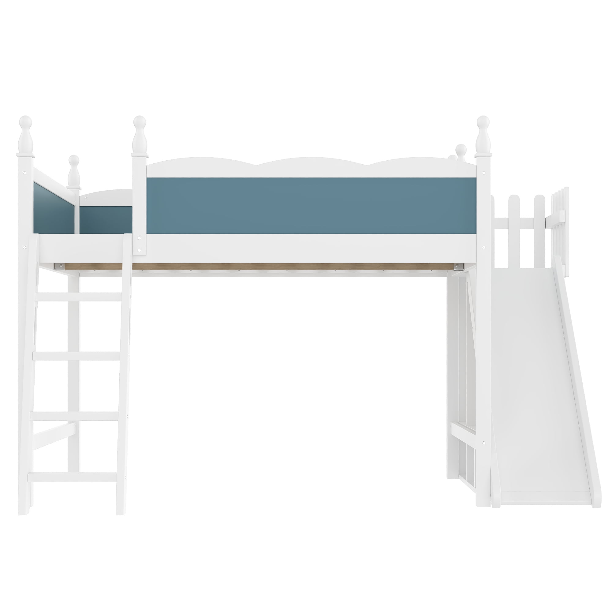 Leumius Queen Loft Bed Frame with Storage Shelves and Wardrobe, Solid Wood Loft Bed with Detachable Slide and Ladders for Kids Teens Adults Blue and White