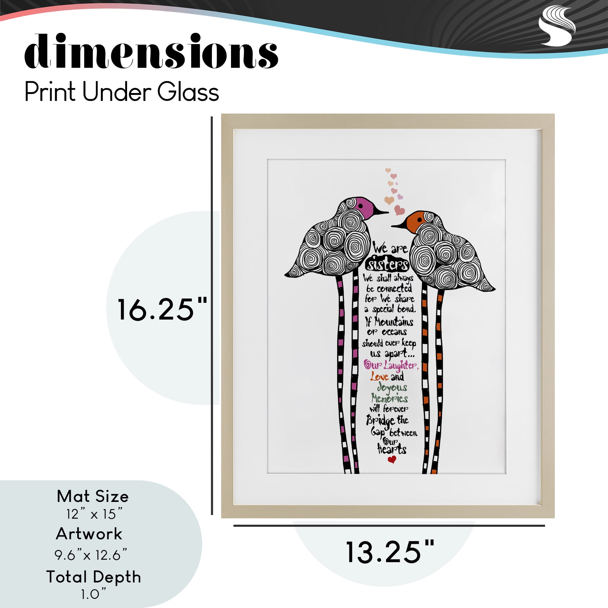 We Are Sisters Bird Duo Birch Framed Print Under Glass, design by Suzanne Millius