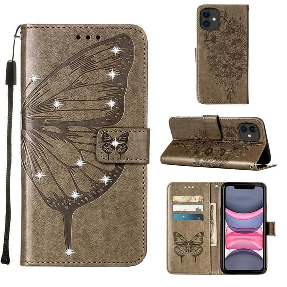Dteck Wallet Case for Apple iPhone 11 (6.1 inch) ,Bling Diamond Butterfly & Flower Embossed PU Leather Magnetic Flip Stand Card Pocket Shockproof Phone Cover with Wrist Strap,Gray
