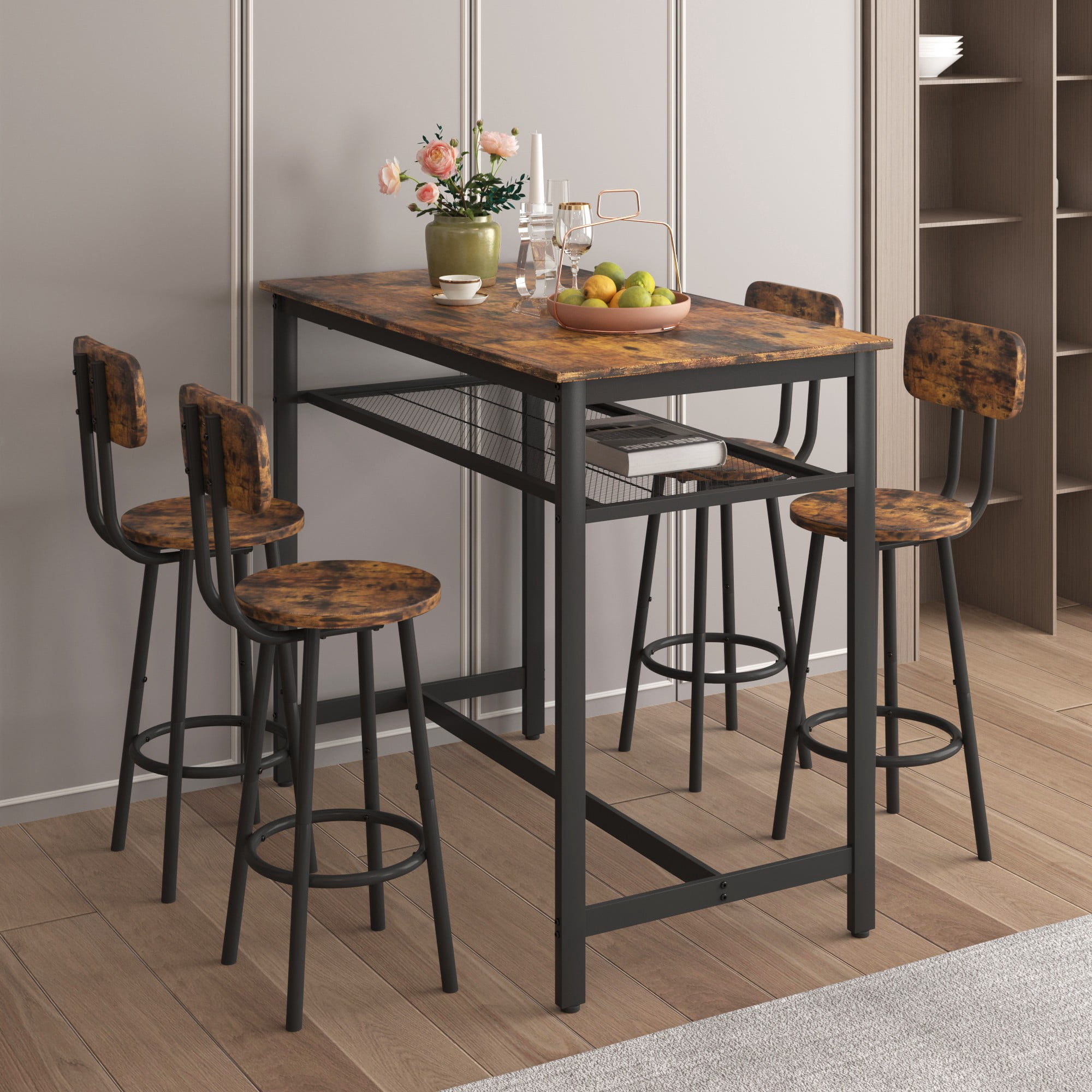 Dining Table Set for 4,5 Piece Bar Table and Chairs Set,Counter Height High Breakfast Table Chairs Set for Dining Room, Kitchen, Bar, Apartment,Brown
