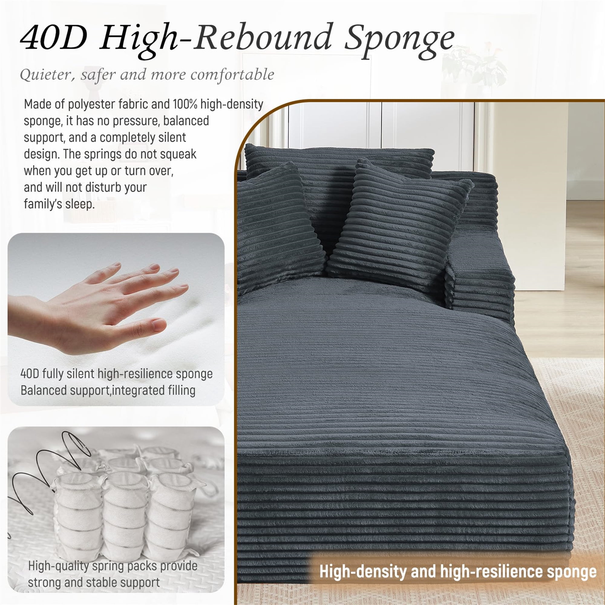 Aukfa Chaise Lounge Oversized Indoor Chair Boneless Couch for Living Room, 3Pillows, Gray