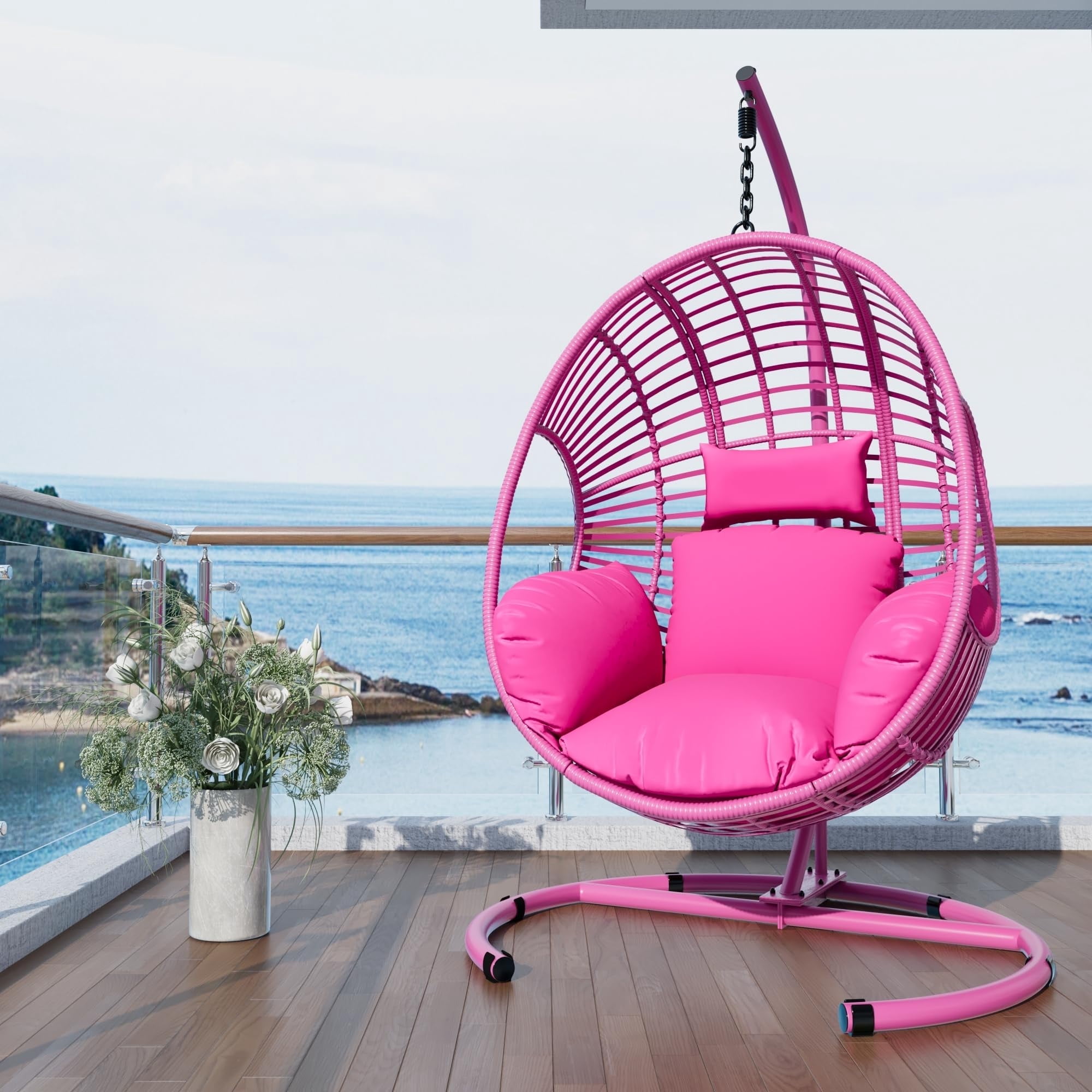 Oversized Hanging Egg Chair Outdoor Indoor, Wicker Swing Egg Chair with Stand  Rain Cover UV Resistant Cushion 400lbs Capacity for Bedroom, Patio, Garden and Balcony (Pink-Regular)