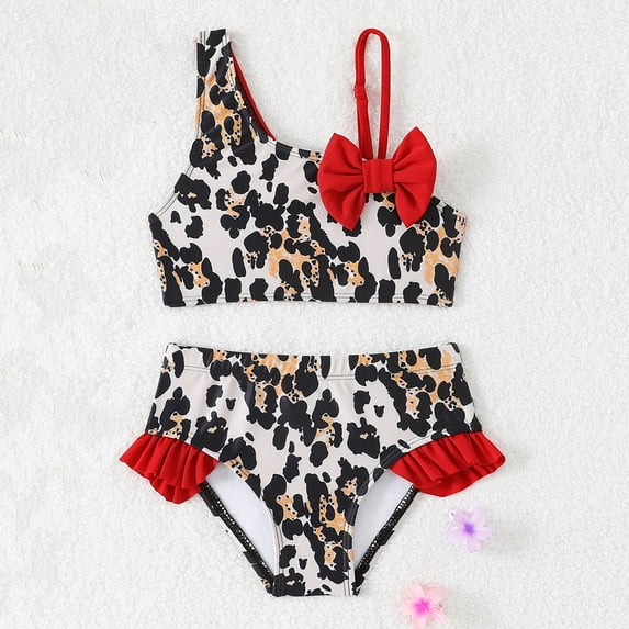 uikmnh Girls 2 Piece One Shoulder Bikini Set Leopard Print Red Bow Ruffle High Waist Swimwear Size:4-5 Years
