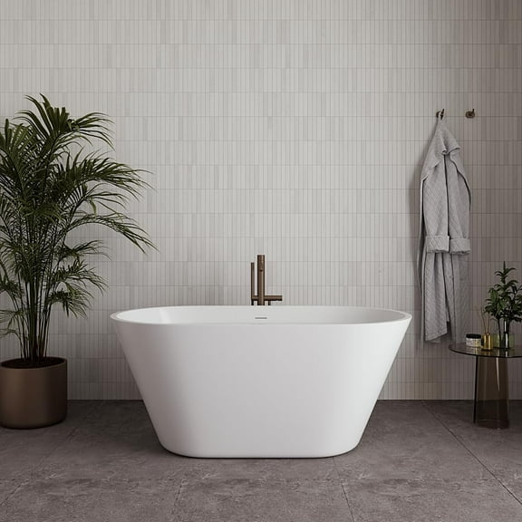 54" Streamline NDR-322-13-BBR Soaking Glossy White Freestanding Tub With Internal Drain in Brushed Brass