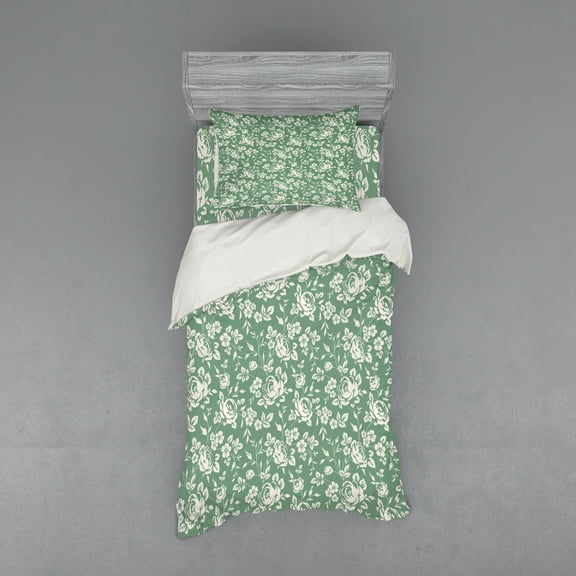 Ambesonne Floral Bedding Set 3 Pcs, Victorian Rose Bouquet, Twin XL, Reseda Green Cream