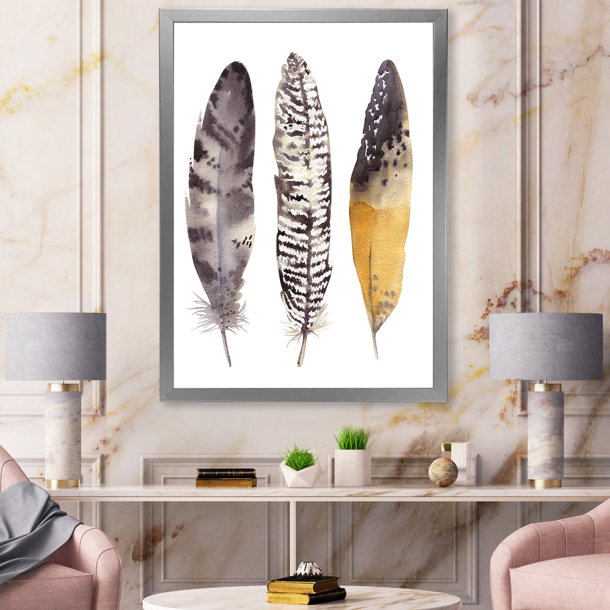 Designart 'Boho Ethnic Art Dark Gray Feathers III' Bohemian & Eclectic Framed Art Print