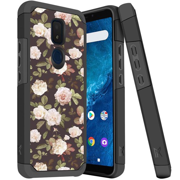 ANJ  Slim Dual Layer Hybrid Shockproof Case   Tempered Glass Cover for Cricket Icon 3, Splendor, AT&T Motivate 2 - Classic Pink Roses