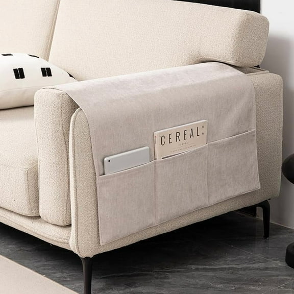 SUSIELADY Chenille Sofa Armrest Covers with Storage Pockets, Non Slip Couch Arm Covers Organizer for Remote Control and Phone, Furniture Protector Armchair Covers, 24" x 43", Beige