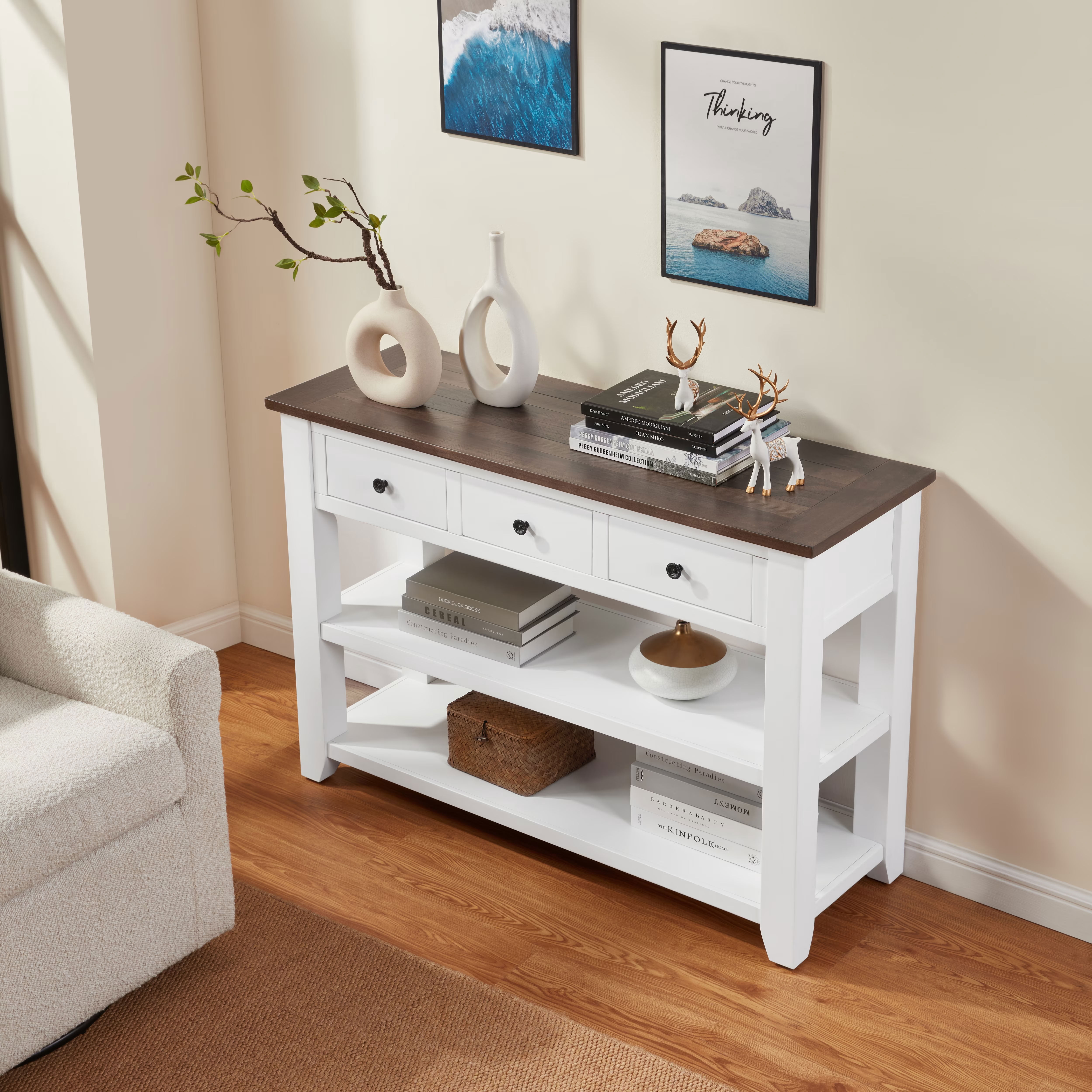 MAYEERTY 44" Retro Console Table with Drawers and Open Shelves, Solid Wood Entryway Table for Living Room, Hallway, Dining Room