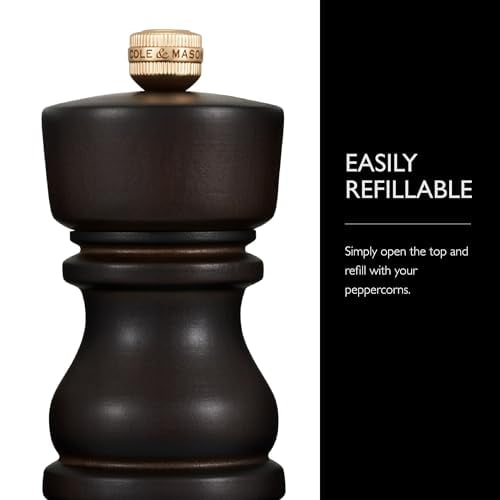 Cole & Mason London Refillable Spice Mill - Kitchen & Home Accessory - Table Black Pepper Grinder - Pepper Mill with Carbon Steel Mechanism - 5", Chocolate Wood