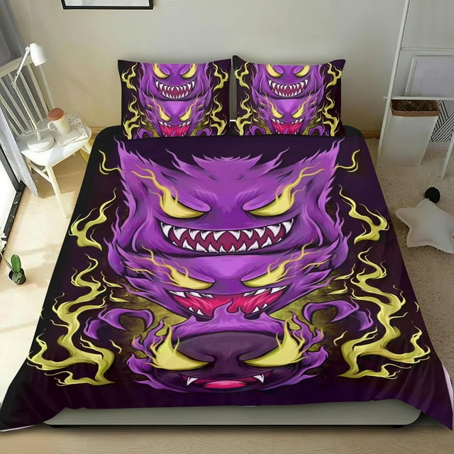 Gengar Conjunto de sábanas temático, trío de piezas, cómodo y amigable con la piel, diseño único, regalo de decoración para el hogar para familiares, amigos y fans, 90 cm * 190 cm