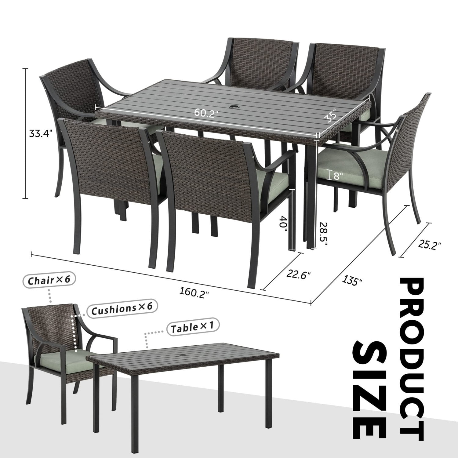 Wicker Patio Dining Chairs Set of 6, All Weather Outdoor Rattan Chairs with Green Cushions, 350 lbs Metal Frame Patio Chairs for Backyard Porch Garden