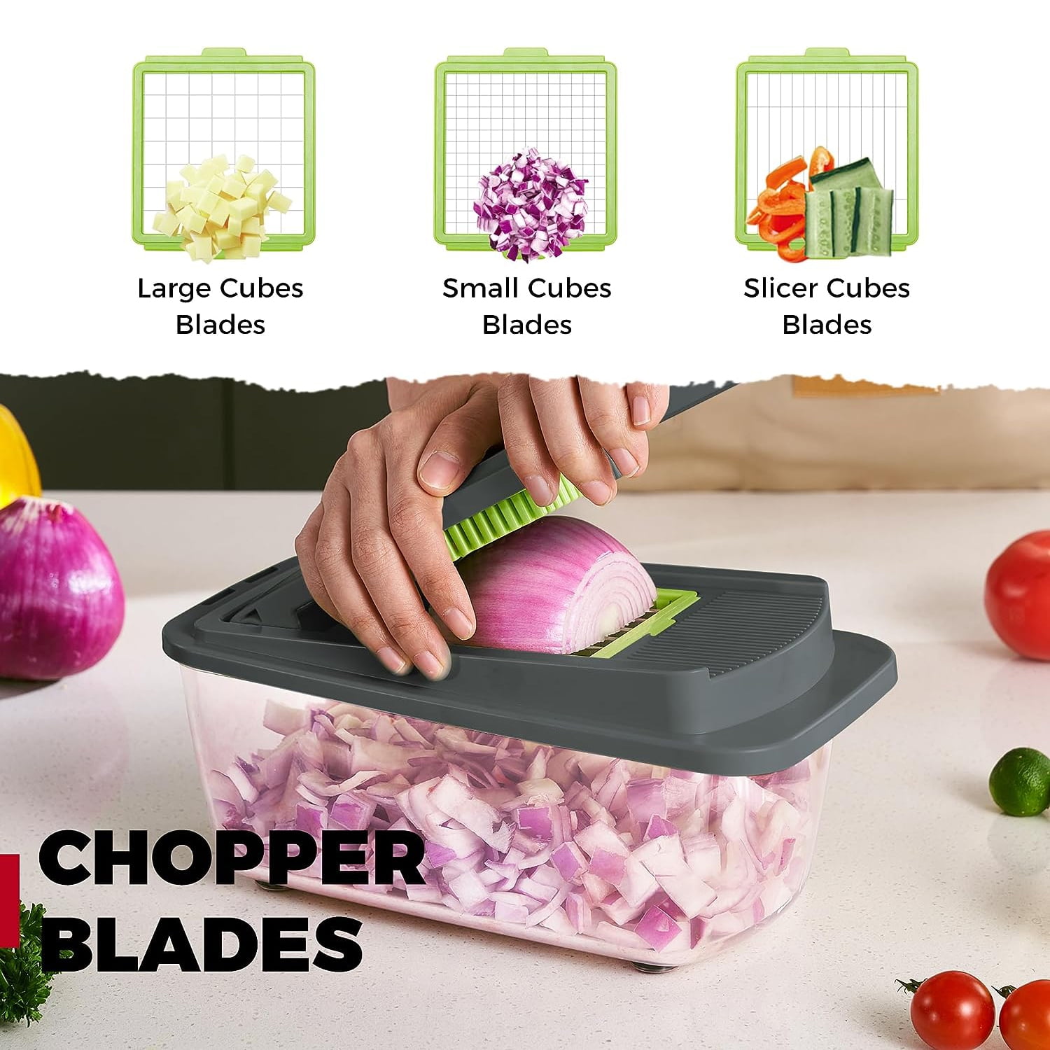  KucheCraft Vegetable Chopper, 13 in 1 Onion Chopper Dicer,  Manual Vegetable Cutter with Container and Lid, Pro Food Chopper for Potato  Tomato, Kitchen Veggie Slicer for Zucchini-(8 Blades, Green): Home 