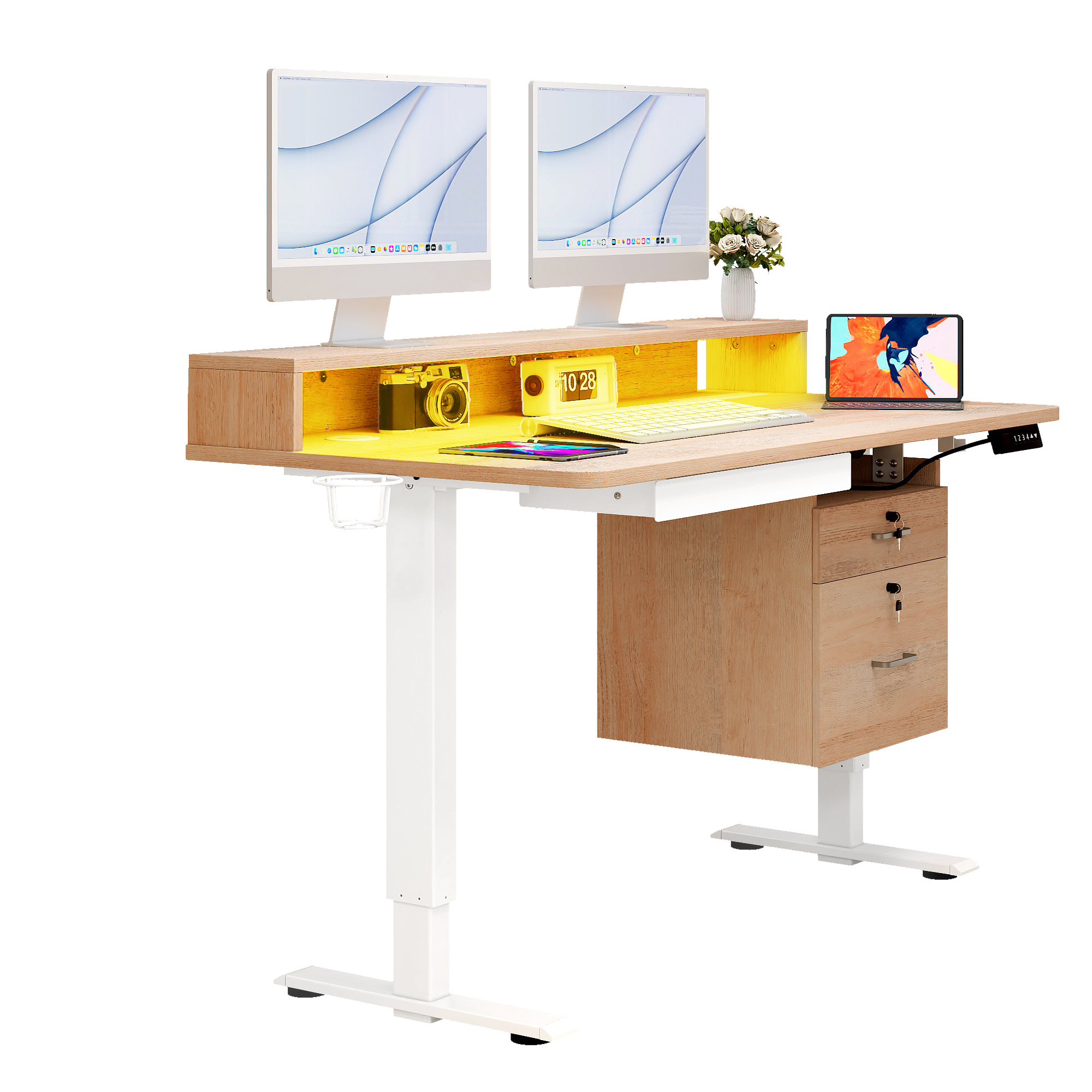 Dextrus 48" x 24" Height Adjustable Standing Desk with Monitor Stand & LED Light , Electric Stand up Table with Drawers & Power Outlets, Oak