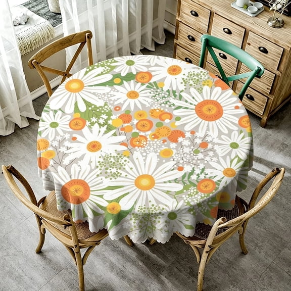 Odenmar 60 inch Round Tablecloth, Featuring White Daisy Floral Pattern, Made from Polyester Fabric for Dining Kitchen Home Decor