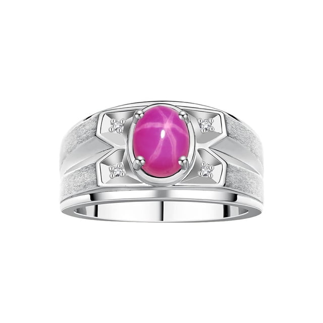 RYLOS Men's Rings Sterling Silver Rings Classic Designer Style 8X6MM Oval Gemstone & Diamond Ring Star Ruby July Birthstone Rings For Men, Size 12