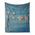 thumbnail image 1 of Marine Soft Flannel Fleece Throw Blanket, Nautical Themed Photo of Fishing Net and Hanged Wododen Handcraft Fish, Cozy Plush for Indoor and Outdoor Use, 70" x 90", Beige Sky Blue, by Ambesonne, 1 of 6