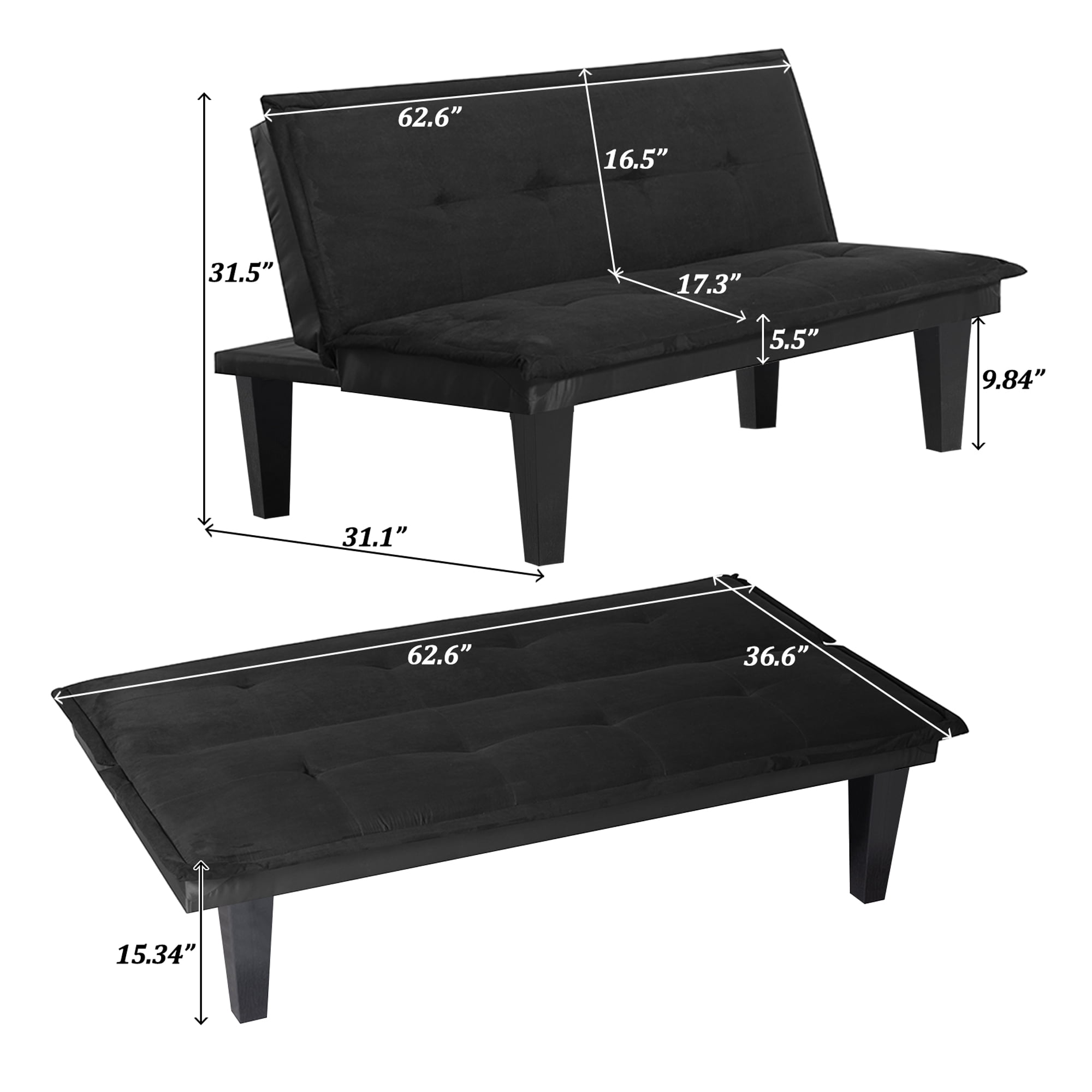 Leumius Black Futon Sofa Bed,Modern Faux Suede Convertible Sofa Bed with 3 Adjustable Backrest Angles,Loveseat Sleeper Couch for Living Room Apartment Furniture