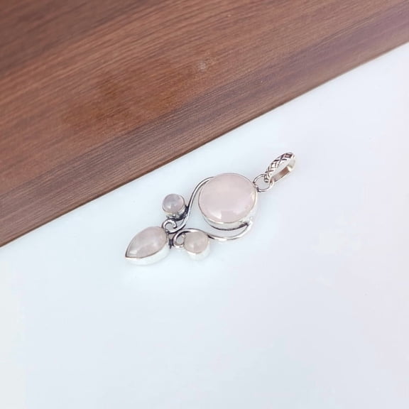 Rose Quartz Pendant 925 Sterling Silver Natural Gemstone Handmade Boho Pendant Jewelry Gift For Her