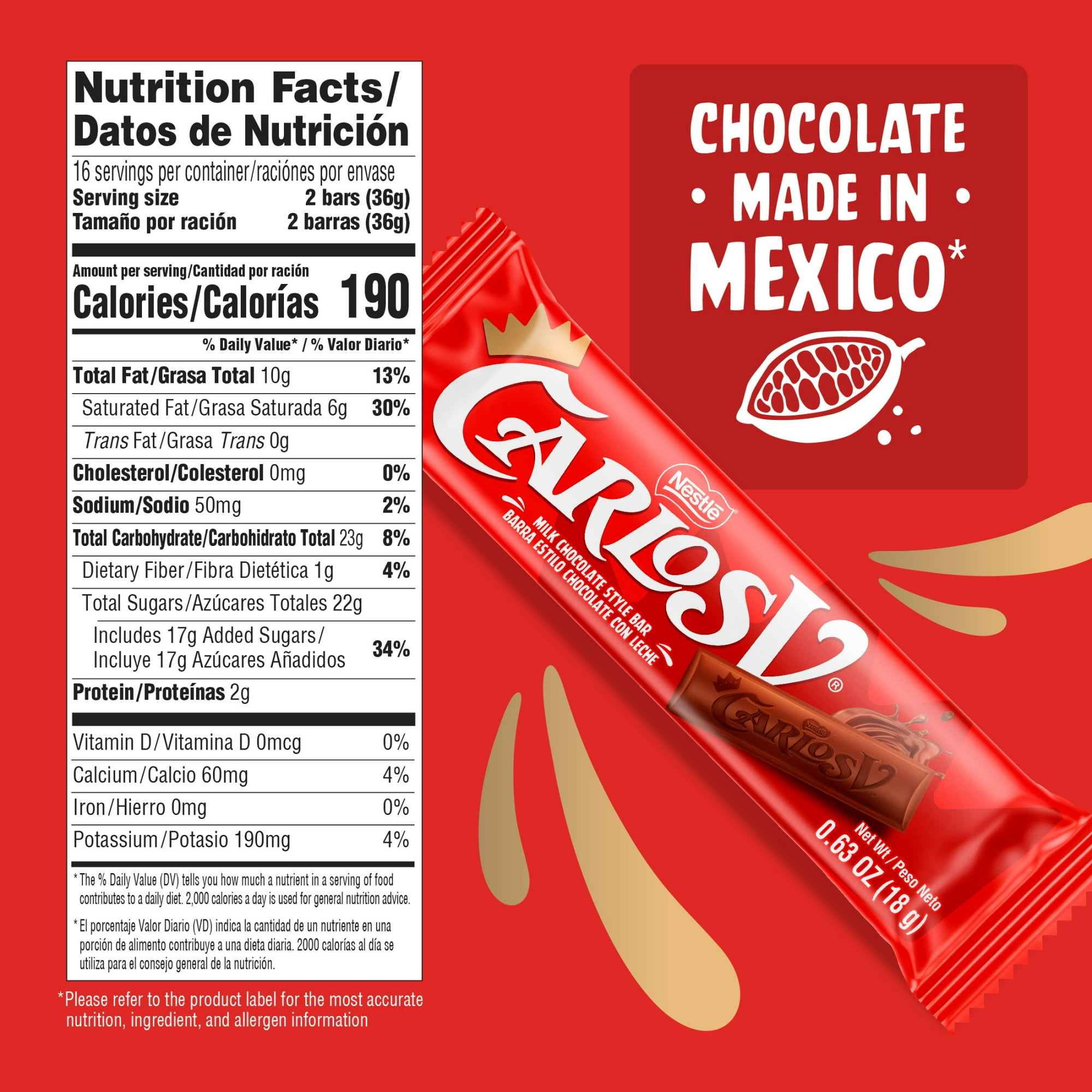 Carlos V Milk Chocolate Style Full-Size Mexican Candy Bar – 32 Count 1.27 lb.