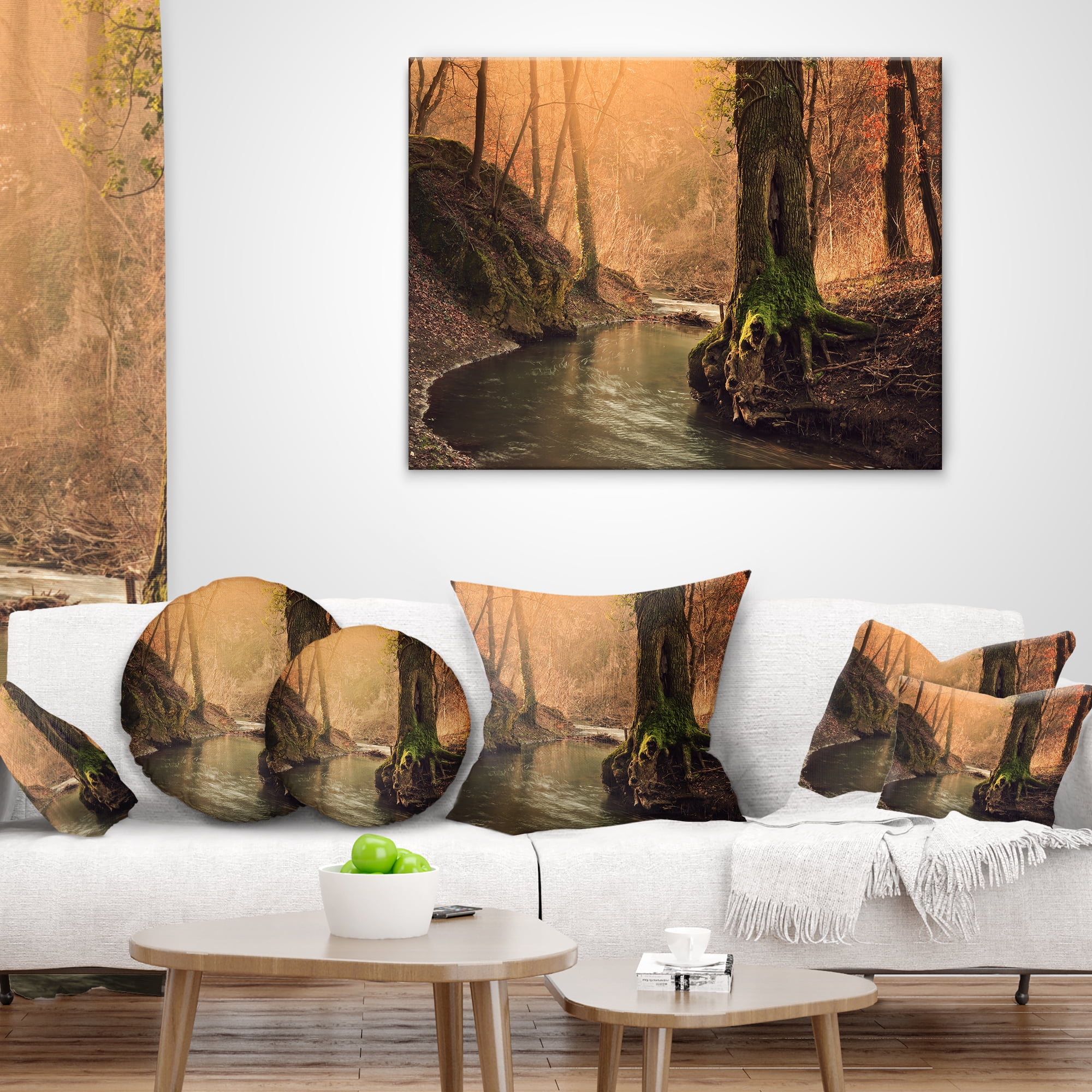 Designart Wild Creek in National Park - Modern Forest Throw Pillow - 18x18