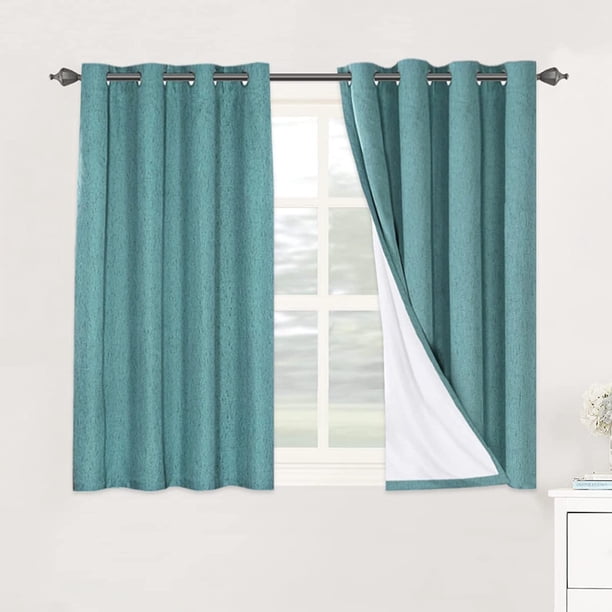 Cortinas opacas de lino de 84 pulgadas de largo, 100 % absolutamente opacas, con aislamiento térmico, con textura de lino, cortinas con ojales antioxidantes, ahorro de energía con forro blanco, 2 paneles, verde azulado natural, 52 pulgadas de ancho x 45 pulgadas de largo