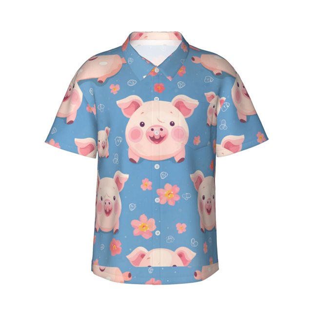 Balery Cute Pig Flowers Camisas hawaianas de manga corta para hombre, camisas playeras de corte holgado, camisas de vacaciones con botones,X-Large