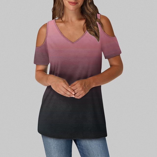 Soki Womens Tops Gradient Short Sleeved V-Neck Off Shoulder Fashionable Summer Clothes