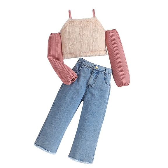 Odeerbi Toddler Girls Knit Fleece Off Shoulder Tops Jeans Outfits 2PCS Jeans Set Short Puff Sleeve Striped Crop T-Shirt Denim Trousers Summer Outfits Pink 5-6 Years